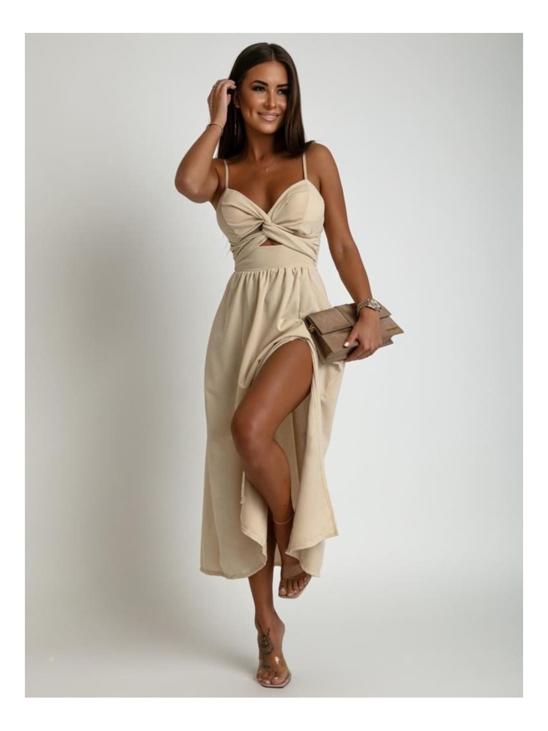 Beige summer midi dress with straps AZR010481